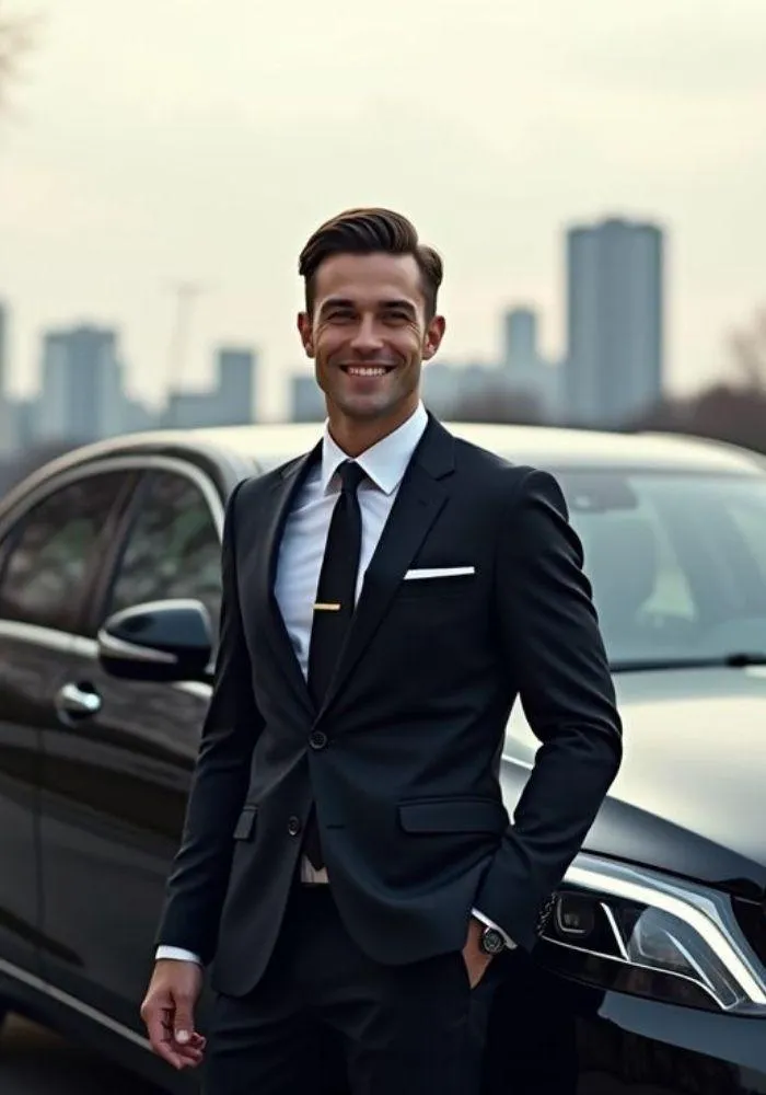 Well-dressed chauffeur next to a luxury sedan providing reliable limo service in Toronto